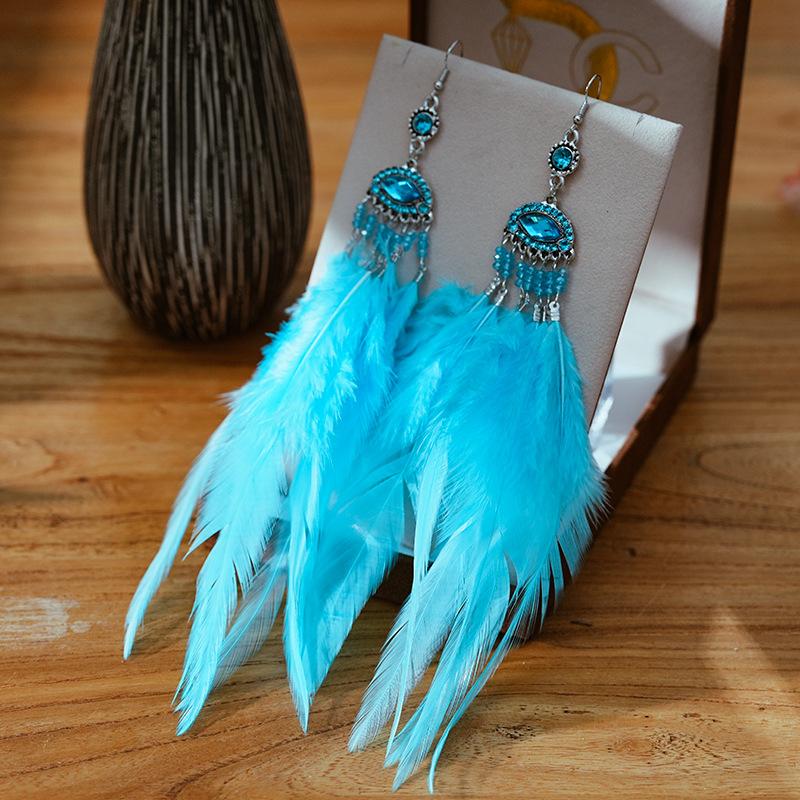 Super Long Exaggerated Irregular Feather Earrings for Women Fashion Boho Colorful Rhinestone Crystal Bead Dangle Earring Jewelry