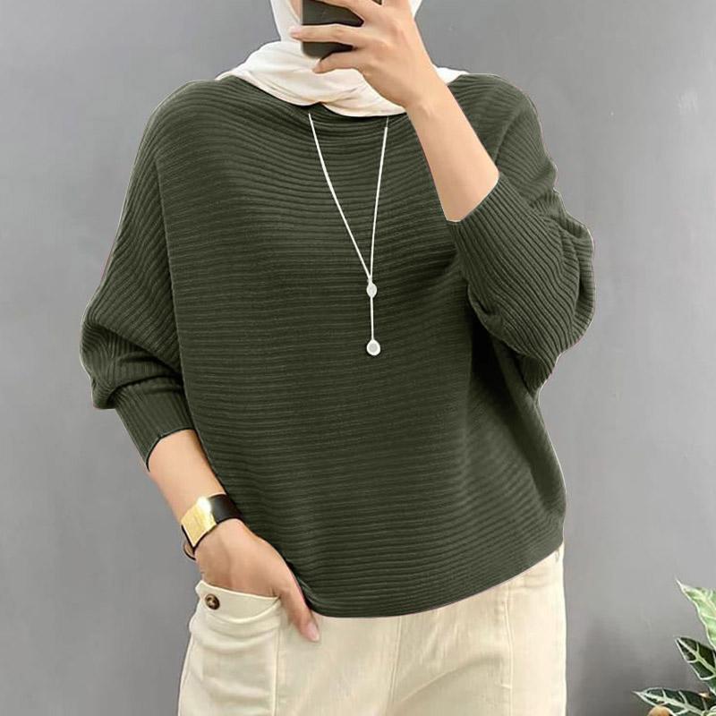 ZANZEA Women Casual O-neck Solid Color Bat Sleeve Rib Thin Blouse Tops