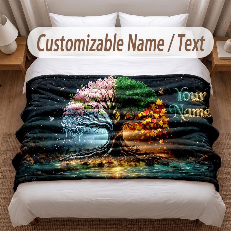 Tree of Life Theme Soft Blanket Personalized Custom Name Text Print Warm Blanket Home Sofa Bedroom Decor
