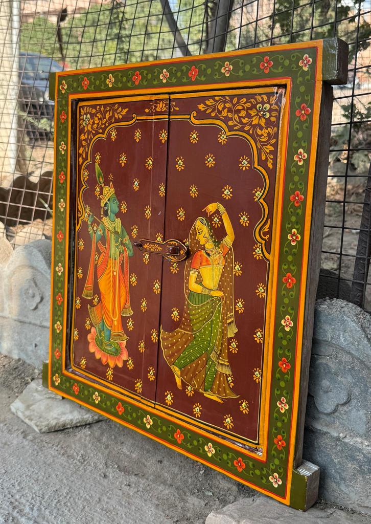 Retro Antique Wooden Window Panel Hand Painted Indian Religious Radha Krishna Frame