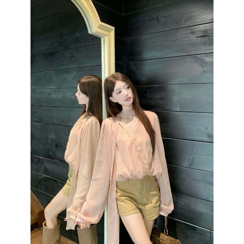 

Kumikumi Gentle Lace Patchwork Long Sleeves Chiffon Blouse Women s Autumn Loose Slim Looking Elegant Versatile Top Pink L