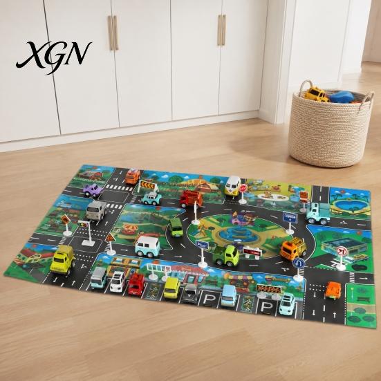 Family Game Room Floor Mat Kids City Life Play Mat, Educational PVC Road Traffic Carpet, Durable Indoor Non-slip Urban Parking Scene Area Rug