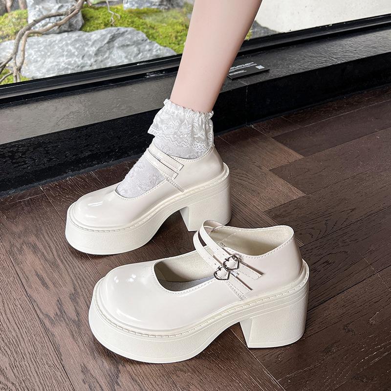 Japanische klobige Schuhe Retro Französischer dicker Absatz Damen Mary Jane Schuhe Frühling Neuer Stil Slip-On Runde Spitze Gummisohle Lolita Schuhe