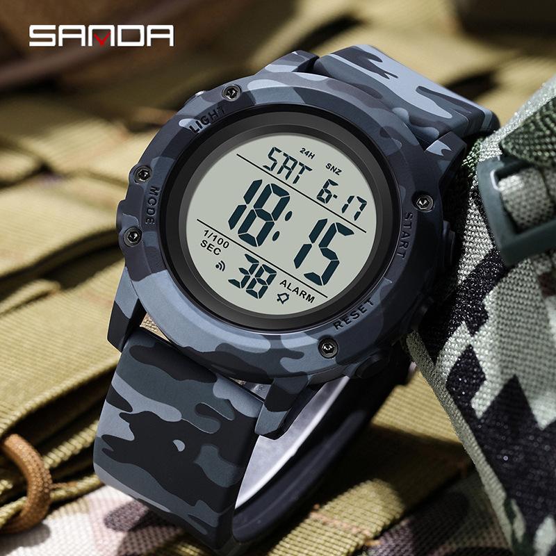 SANDA Camouflage Electronic Watch Outdoor Sports Luminous Student Military Watch Multifunction Digital Electronic Watch