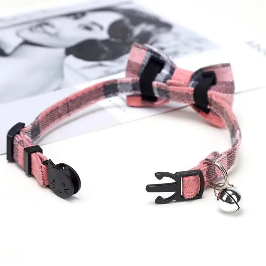 

New plaid collar Pet bell collar bow tape cloth round ears cat dog collar XL чёрный
