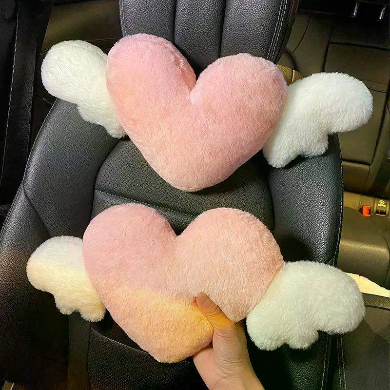 Lovely Pink Heart Angel Wing Car Neck Pillow Lumbar Pillow Soft Plush Comfortable Car Seat Cushion Car Seats Interior Decoration