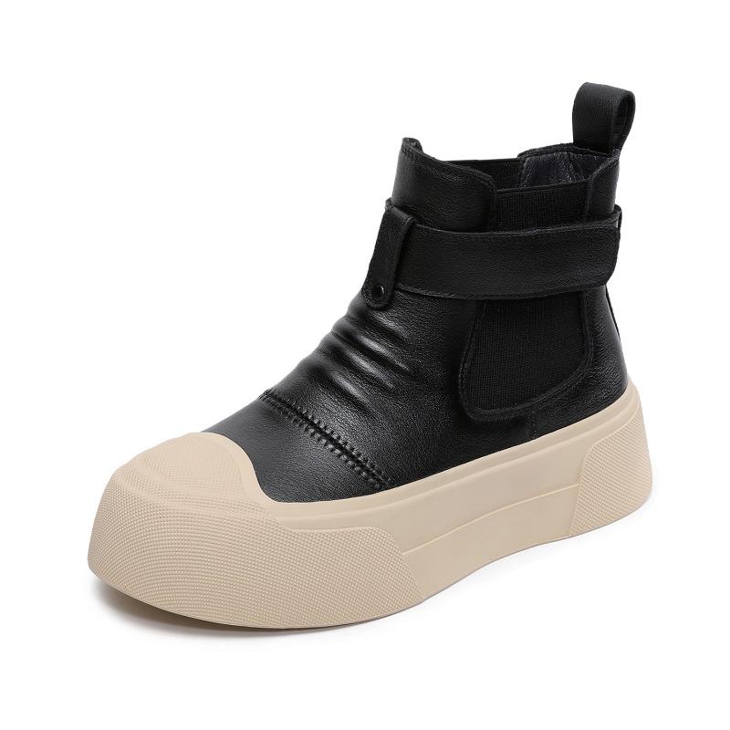 Fashion New 5cm Fashion Women Chunky Platform Ankle Boots Spring Autumn Genuine Leather Pleated Slip On Thick Sole Casual Short Boots