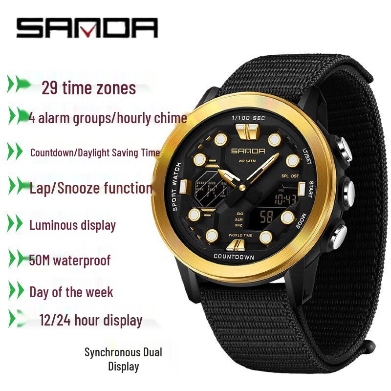 SANDA Multifunction Waterproof Digital Watch with Fluorescent Display, 29 Time Zones, Daylight Saving, 4 Alarms, Student-Friendly