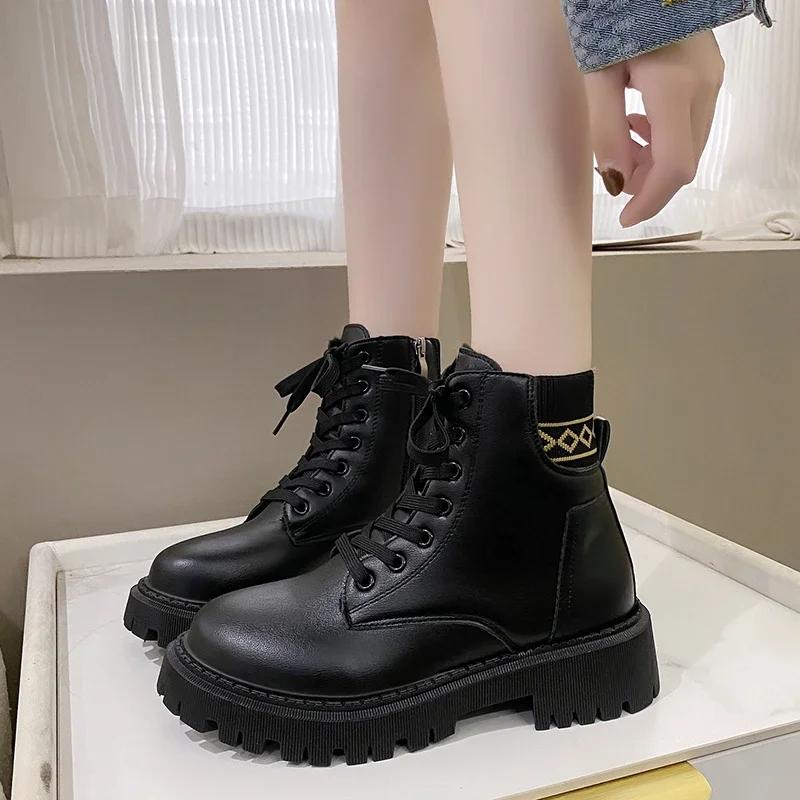 Fashion women's new ankle boots Winter casual thick heel women beige Chelsea boots Punk Goth shoes leather combat boots