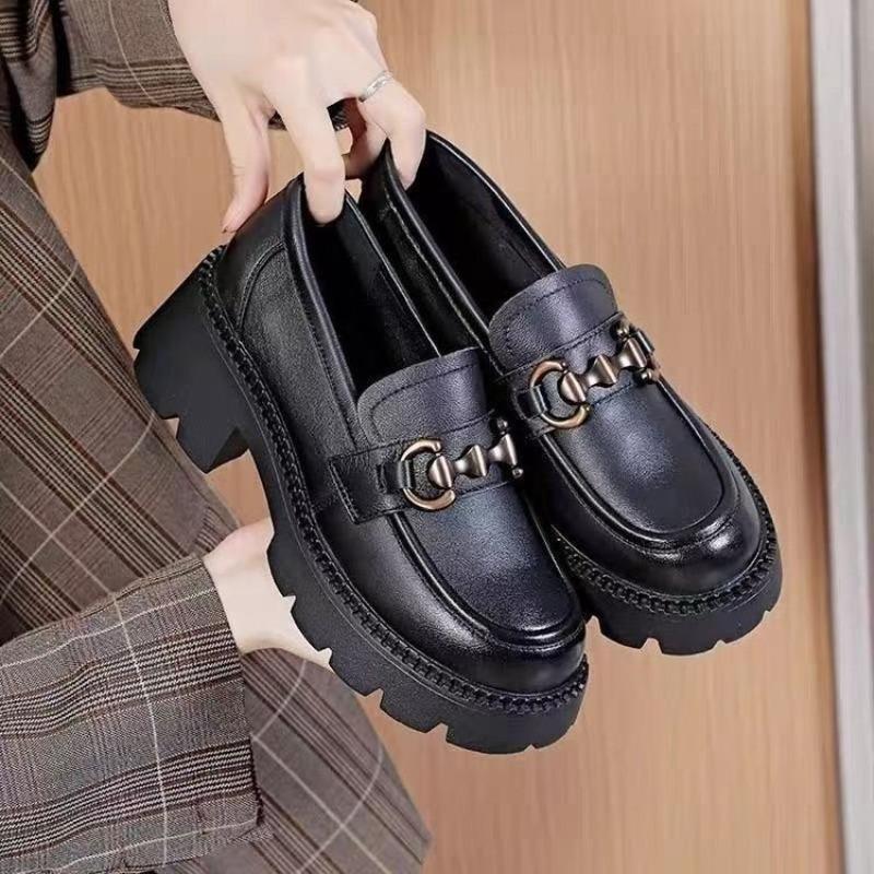 Women's Shoes Soft Leather Autumn New Versatile Small Leather Shoes Thick Sole Height Increase One Pedal Single Shoes