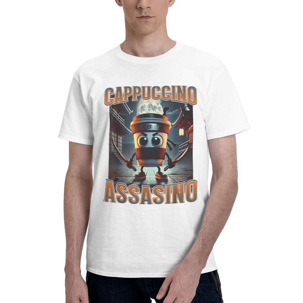 Włoski Brainrot Śmieszny Meme Zabójcze Cappuccino Koszulka Męska Damska Kawaii Krótki Rękaw T-shirt Lato Dekolt O 100% Bawełna