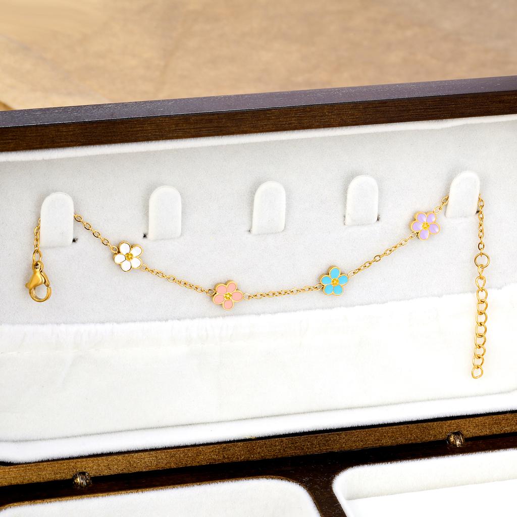 Romantic Cute Drip-Oil Colorful Flowers Charms Bracelets for Girls Ladies Surgical Steel Delicate Small Daisy Flower Jewelry