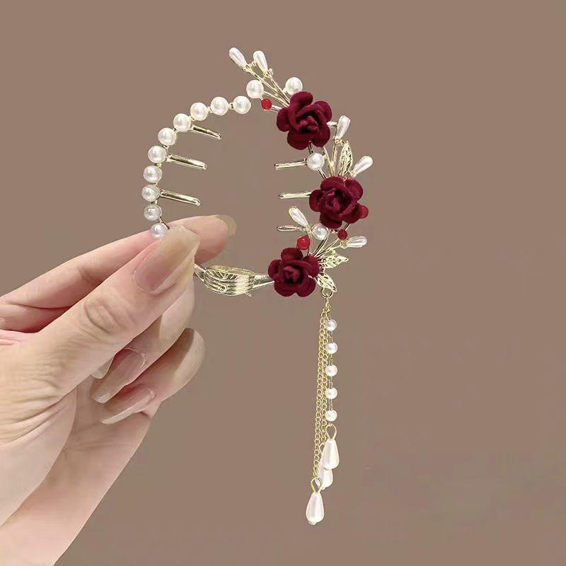 New Pearl Rose Flower Tassel Ponytail Clip Hairpin Bun Hair Accessory Headwear