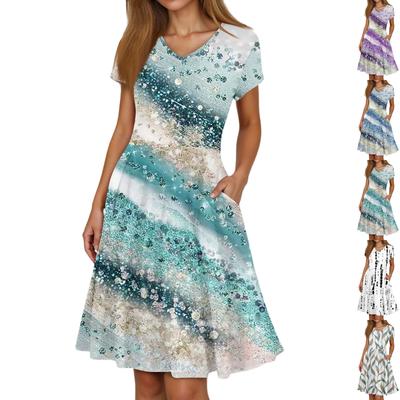 Ladies Summer Fashion Casual Floral Print V-Neck Short Sleeve Pocket Dress