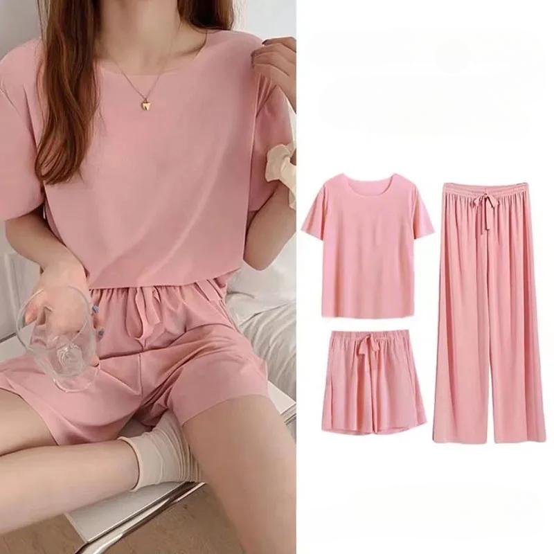 

3 шт./компл. Ice Silk Sleepwear Sexy Nightwear Women Simple Shorts Set of Solid Женская домашняя одежда Дышащий Зеленый Розовый Average розовый