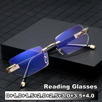 Vintage Square Rimless Reading Glasses for Men Women Anti Blue Light HD Lens Unisex Retro Far Sight Prescription