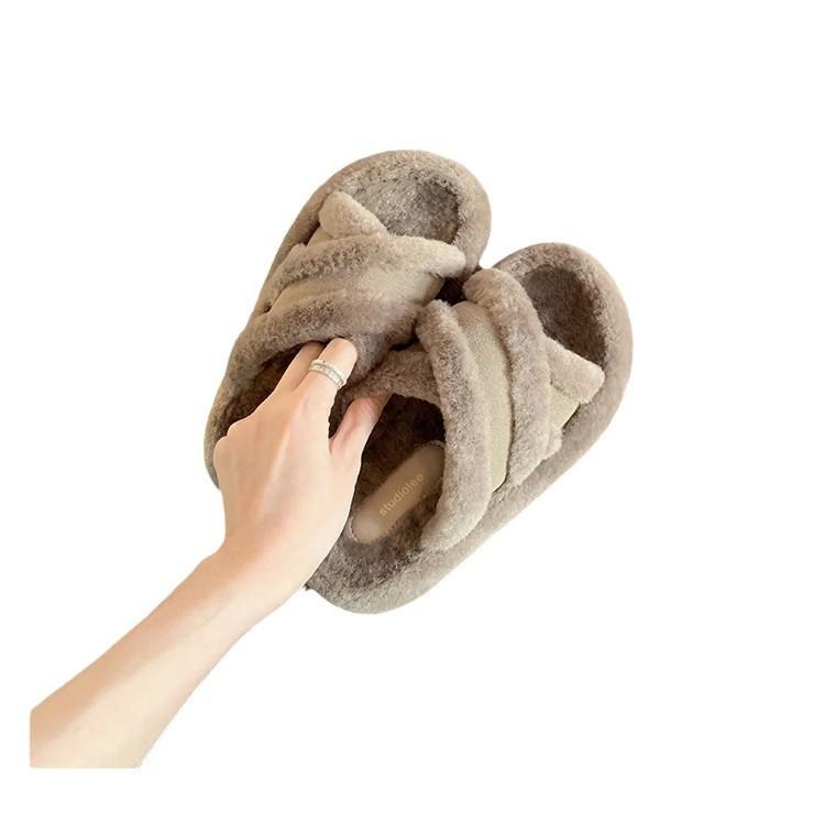 Grape Mother of the Same Style, Fluffy Cross Belt Splicing Warm Casual Style Thick-bottomed Slippers Women's 2025 Autumn and Winter New Models