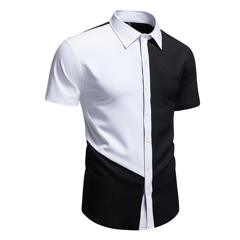 Men's Asymmetric Color Block Short Sleeve Button Down Shirt Black White Breathable Casual Business Tops