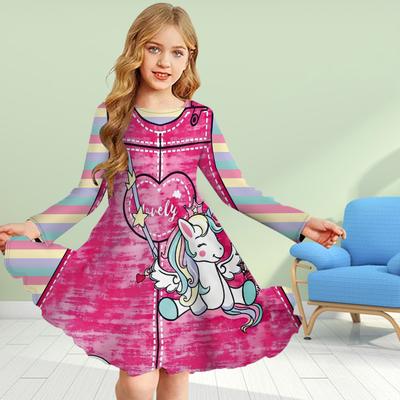 Girl Casual 3D Print Pink Heart-shaped Unicorn Round Neck Long Sleeve Dress Kid Princess Dress