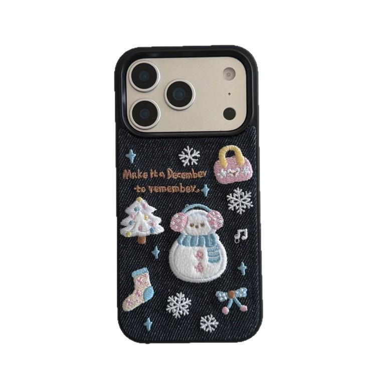 Embroidered Christmas Tree & Snowman Denim Phone Case for iPhone 16/17 Pro Max