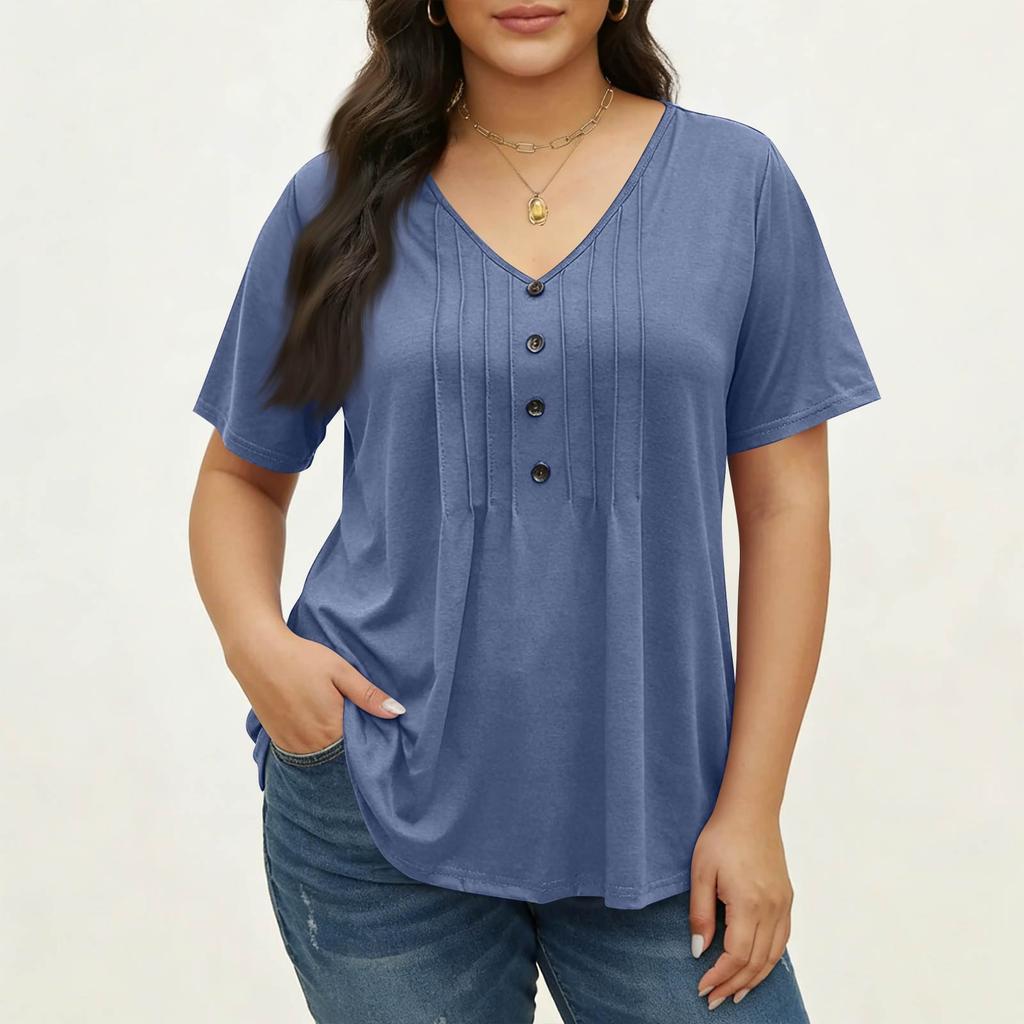 Women's Plus Size Fashionable Casual Loose-Fit V-Neck Button-Down Short-Sleeve Top