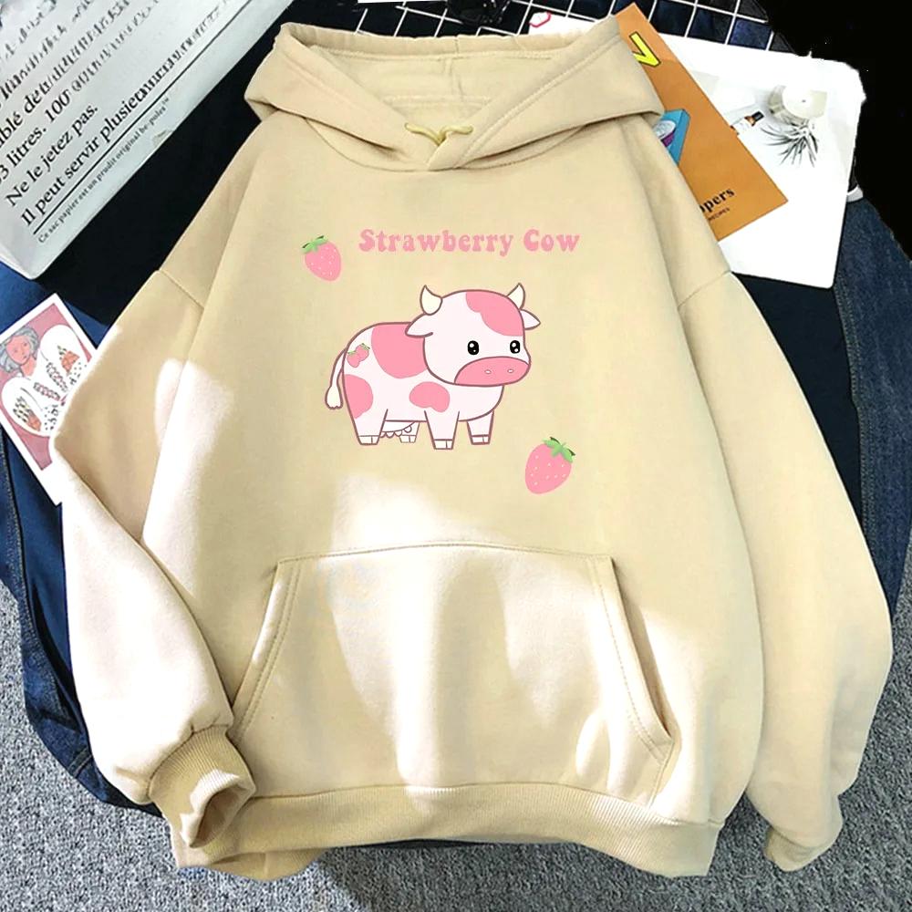 Kuh und Erdbeere Kawaii Bedruckte Damen Hoodies Lässiger Pullover Sweatshirt Herbst Winter Mädchen Streetwear Oberteile Kleidung