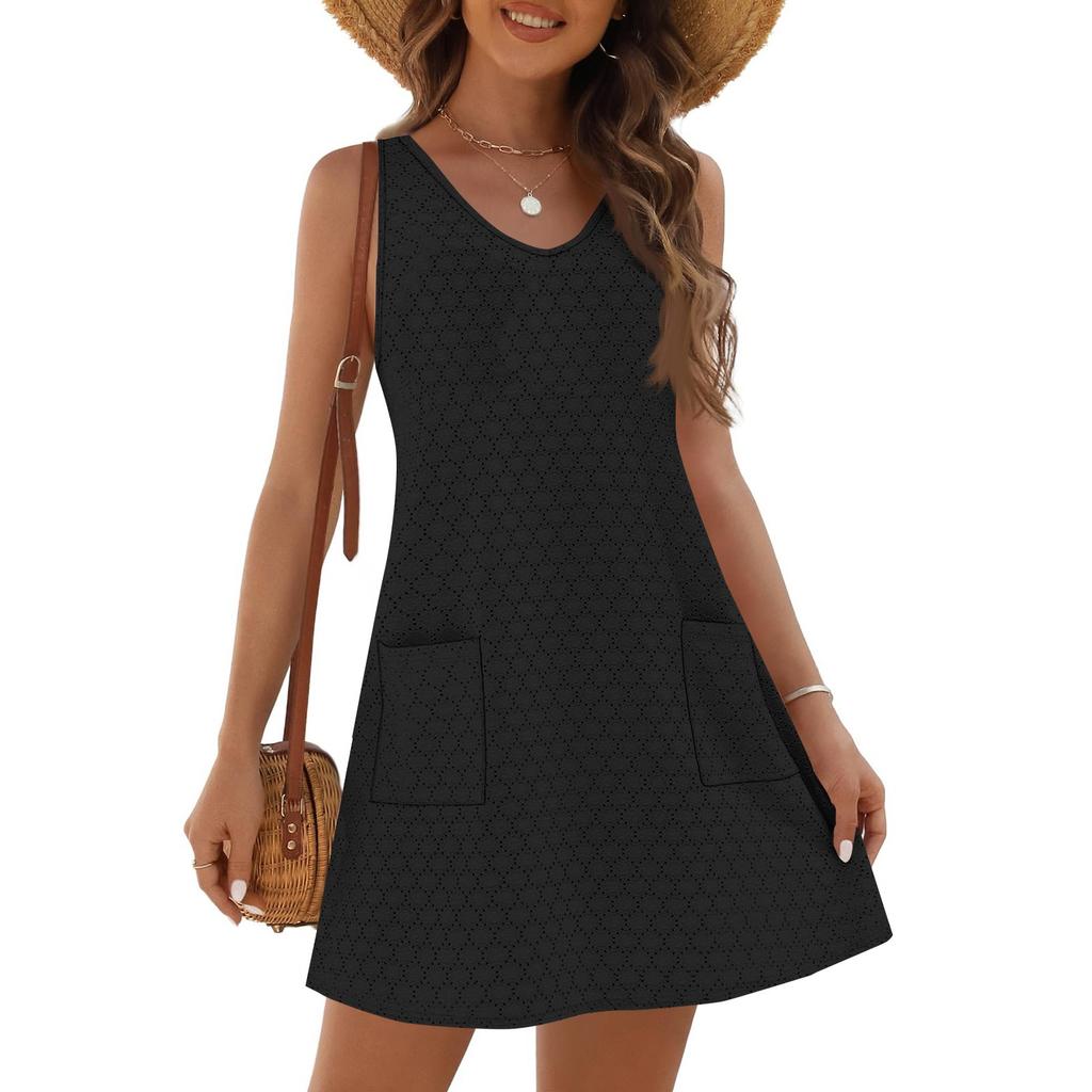 Women's Fashion Casual Summer Cuffs Bag V-neck Solid Color Dress Beach Sundress