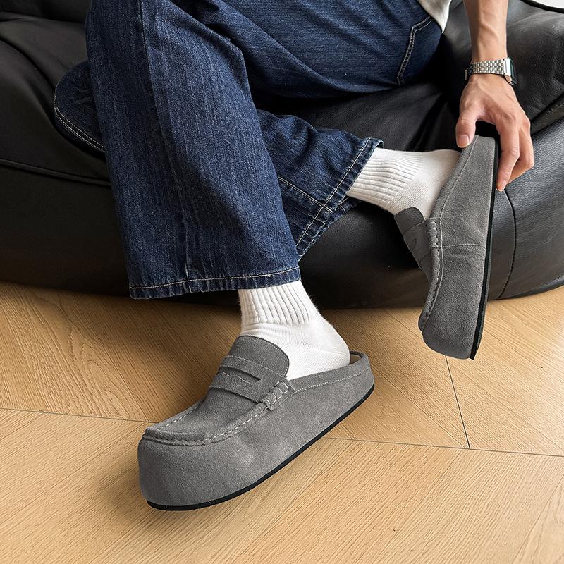 Vintage Comfortable Suede Casual Muller Shoes Fashion Lazy Commuter Height Boken Shoes 92286 Grey-J