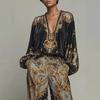 Women's V-Neck Long Sleeve Printed Tops Wide Leg Pants Set