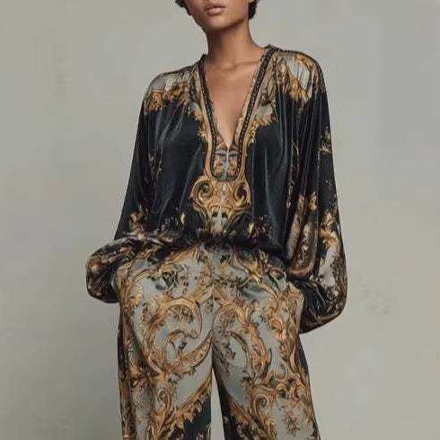 Women's V-Neck Long Sleeve Printed Tops Wide Leg Pants Set