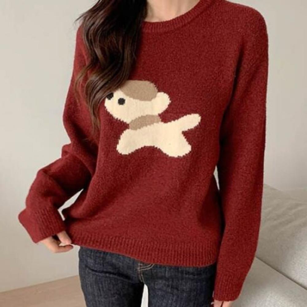 Navava Women Cute Dog Embroidery Long Sleeve Knit Top Nk2375h