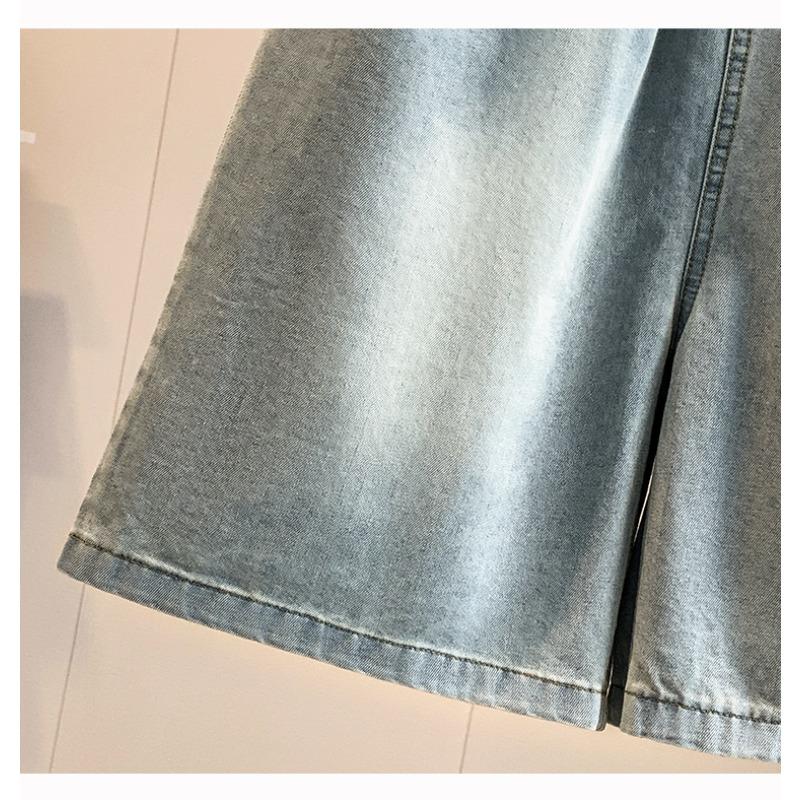 DIMANAF 2026 Summer New Plus Size Women Wide Leg Pants Jeans Shorts Casual Elastic Waist Jeans Pants Denim Cotton Blue