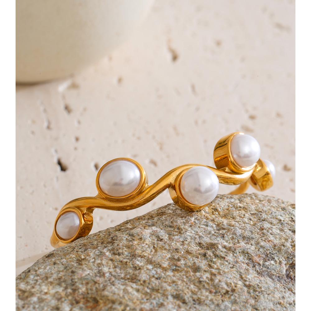 Yhpup 60mm Stainless Steel Simulated Pearls Open Cuff Bracelet Bangle Statement Popular Wrist Jewelry Waterproof Accessories