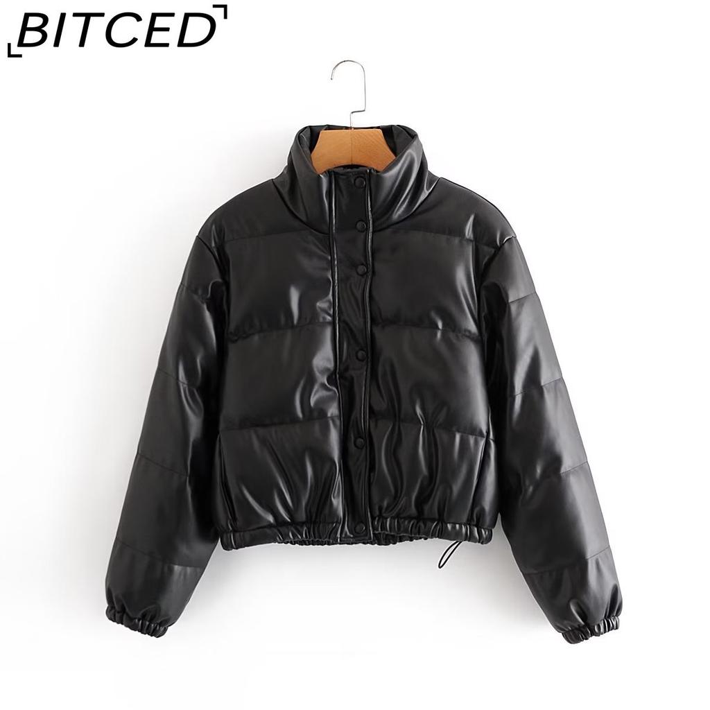 BITCED Fashion Casual Solid-Colour Minimalist Faux Leather Cotton Jacket for Women Winter Stand Collar Jacket