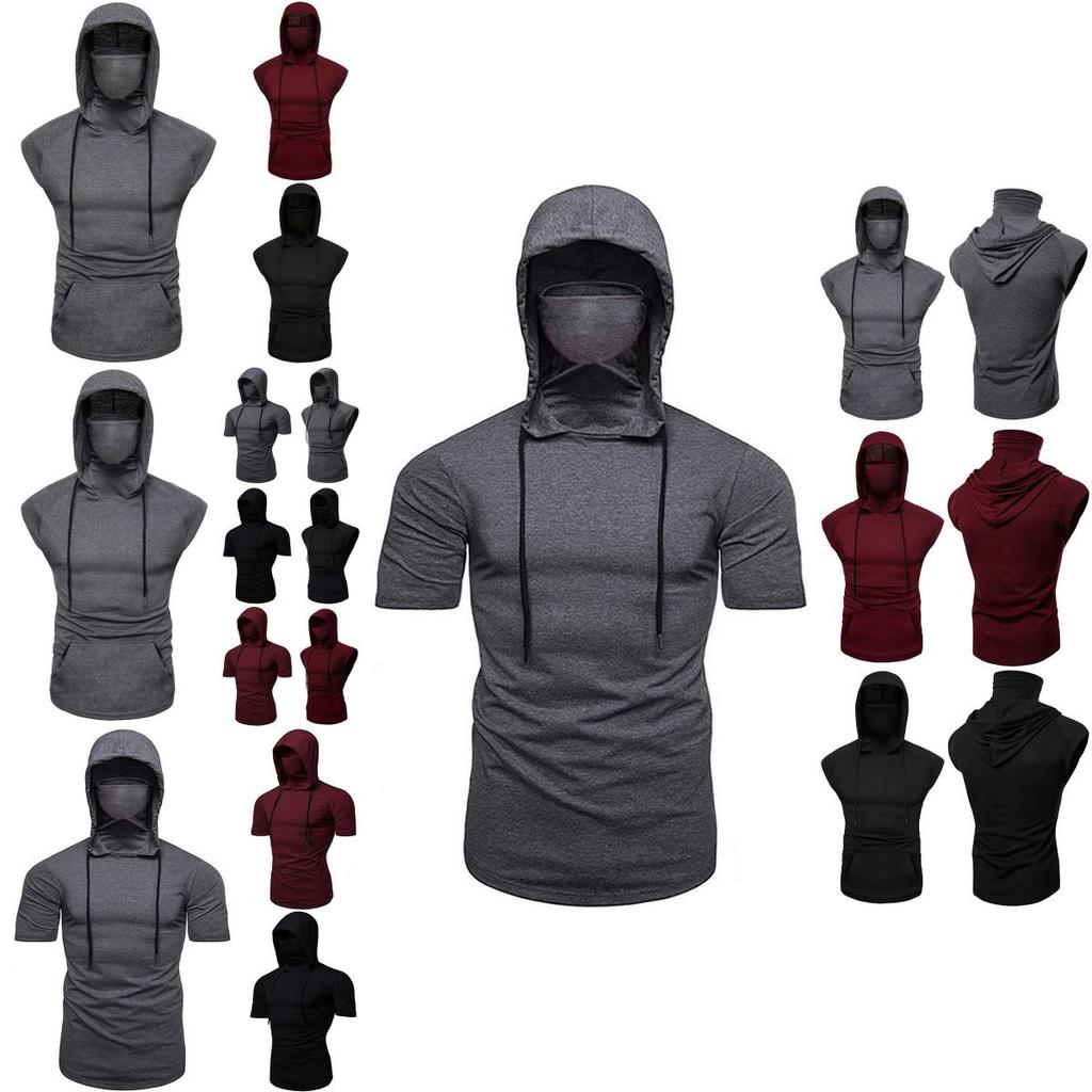 Stylish Men's Hooded Pullover T Shirt Tank Top With Protective Mask For Active Wear