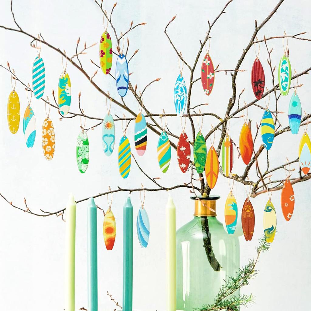 Haooryx Summer Surfboard Surfing Hanging Wooden Ornaments Decorations - 31Pcs Surf Board Shaped Beach Signs Wood Ornament with String for Home Summer