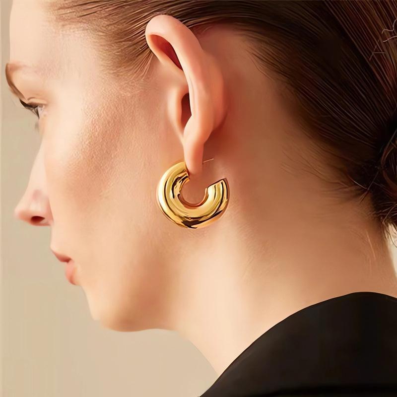2026 New Geometric Simple Minimalist Round Gold Color Silver Color Thick Metal Hoop Earrings for Women Fashion Jewelry Wholesal