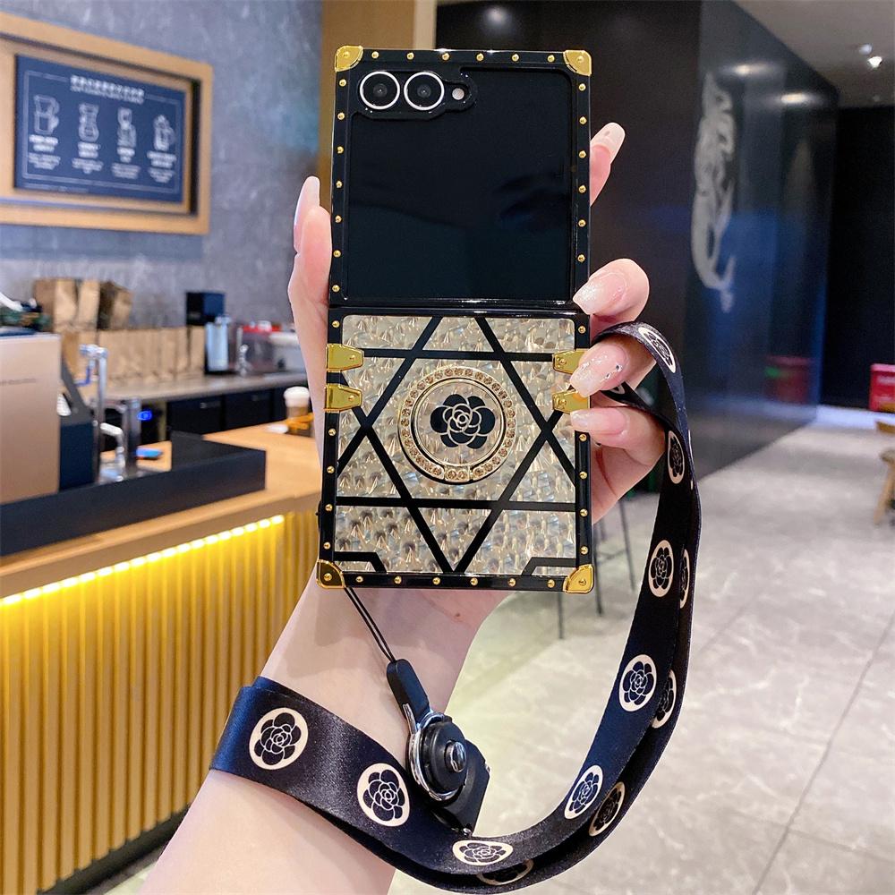 För Samsung Galaxy Z Flip 7 Lanyard Fodral, Ringstativ Plätering Blommigt Fodral för Galaxy Flip 7 Skyddande Coque