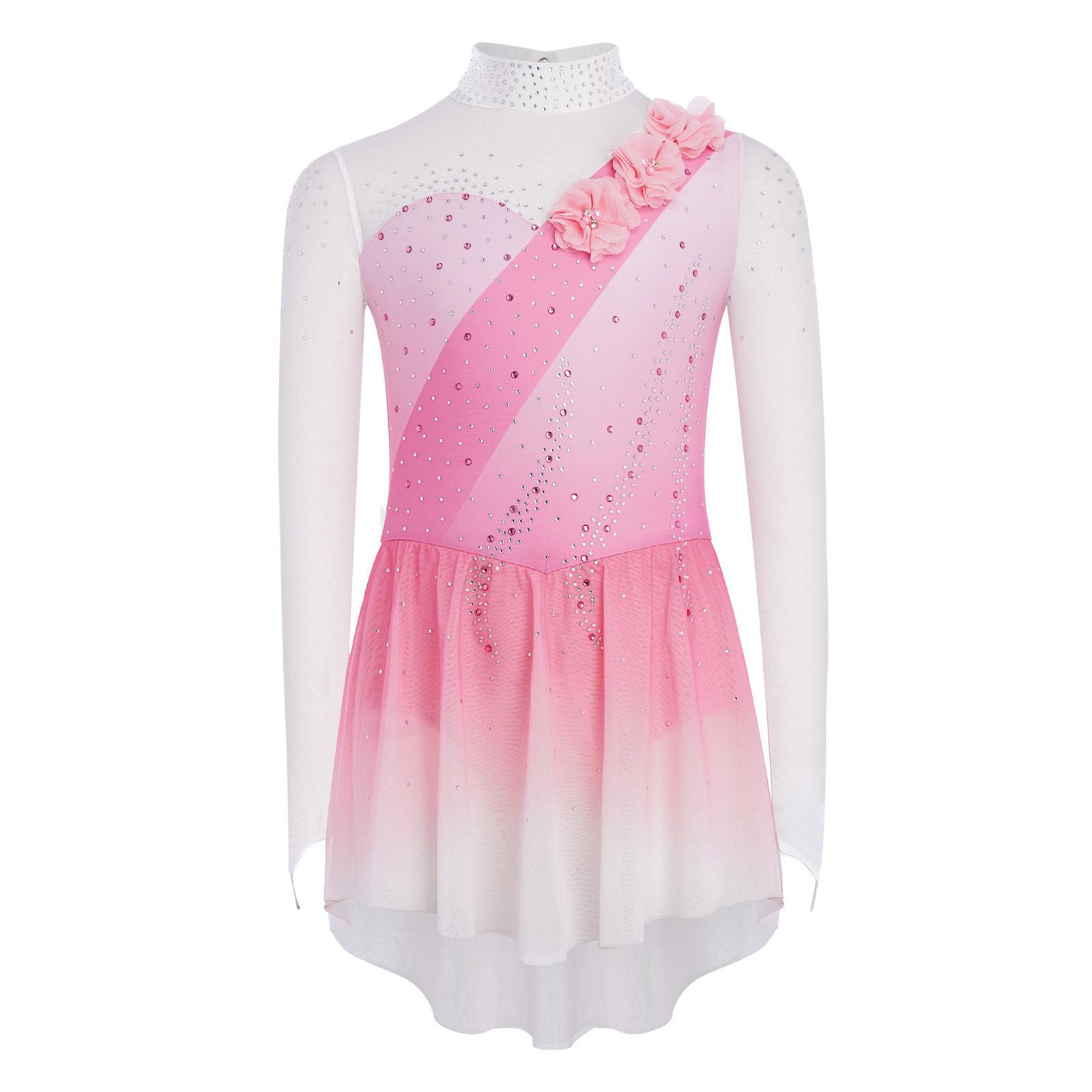 

Girls Gradient Color Dance Dress Mock Neck Cutout Back Sheer Mesh Long Sleeves 3D Flowers Rhinestones Figure Skating Costume 11-12 Years