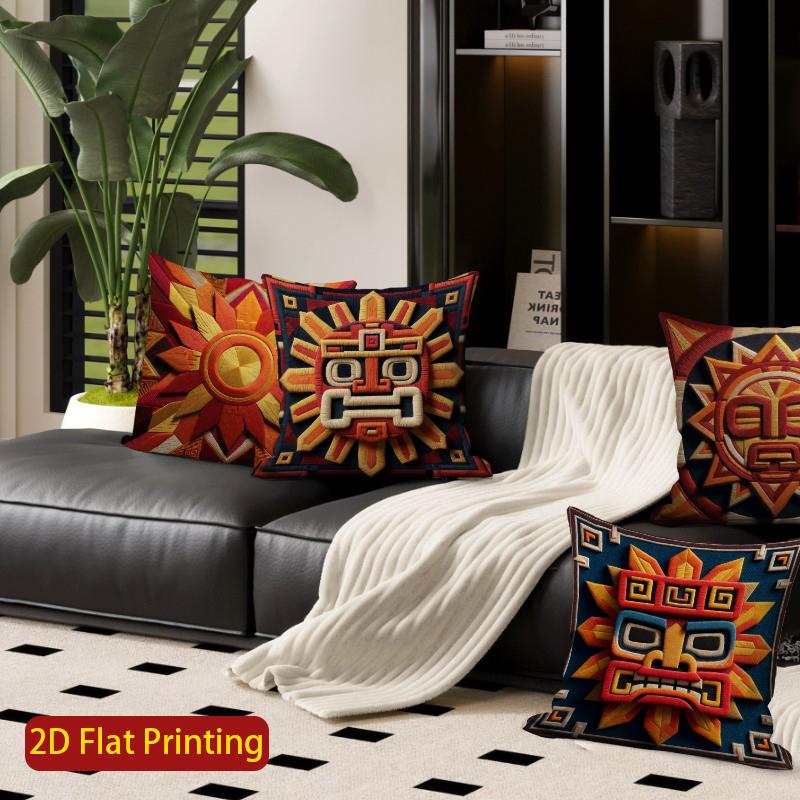 2D Aztec Sun God Pattern Throw Pillow Cases Pattern Cushion Cover Suitable For Sofa Bedroom Car Pillow Cover