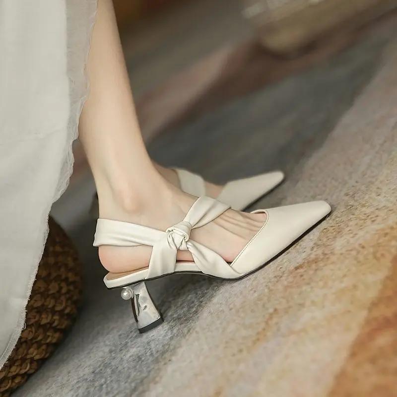 Fashion Leather for Office Work Sandals Women Footwear Yellow High Heels Pointed Toe Medium Summer 2024 Block Heel Ladies Shoes Pearl F