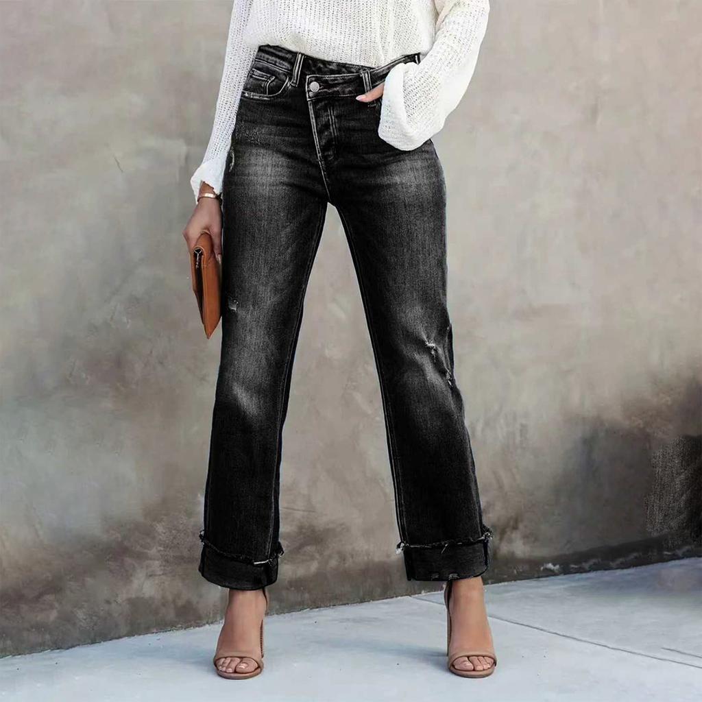 Ladies' Color Casual Versatile Mid Waist Straight Leg Denim Straight Leg Jeans With Fringed Edges