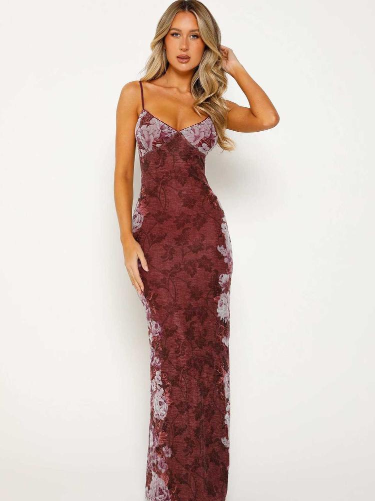 Damen Sexy Geblümtes Maxikleid V-Ausschnitt Spaghettiträger mit Offenem Rücken Figurbetontes Geblümtes Rückenfreies Kleid für Sommerurlaub Strand Romantische Anlässe