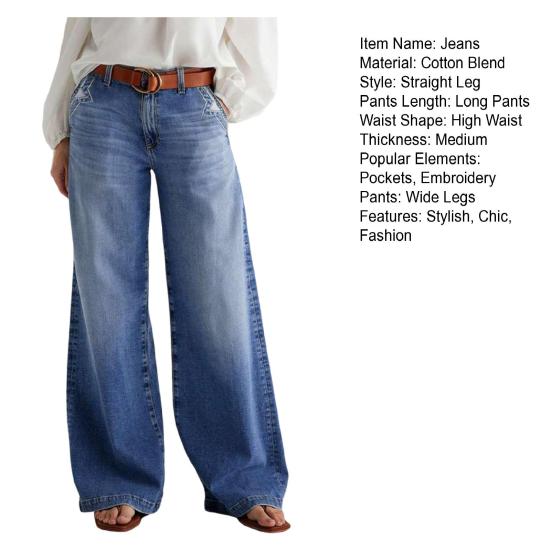Women's Wide Leg Jeans High Waist Baggy Denim Washed Pants with Pockets Loose Boyfriends Jeans with Stitch Decor
