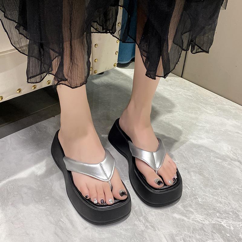 Wedge heel slippers women's summer new simple toe flip-flops shoes muffin thick-soled casual cool slippers
