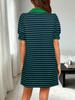 Womens Striped Polo T Shirt Dress V Neck Puff Sleeve Mini Dress with Pockets