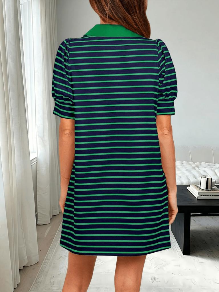 Womens Striped Polo T Shirt Dress V Neck Puff Sleeve Mini Dress with Pockets
