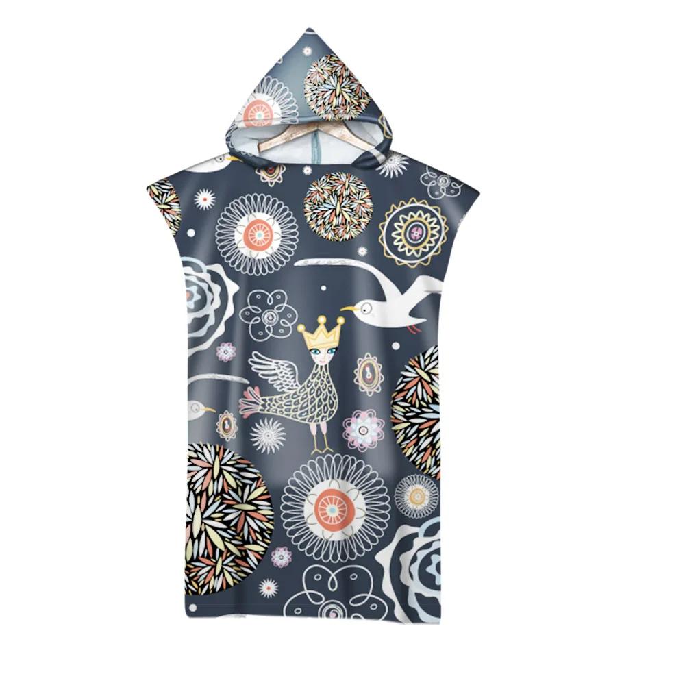 Hooded Bath Towel Robe Poncho Swimming Beach Towel Surf Man Lady Fast Quick Dry Bathrobe Beachwear-Floral Elephant Owl Pattern