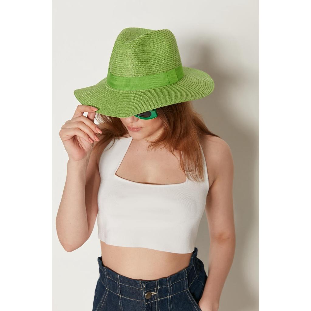 14392 Camel Wide Straw Hat With Ribbon Detail