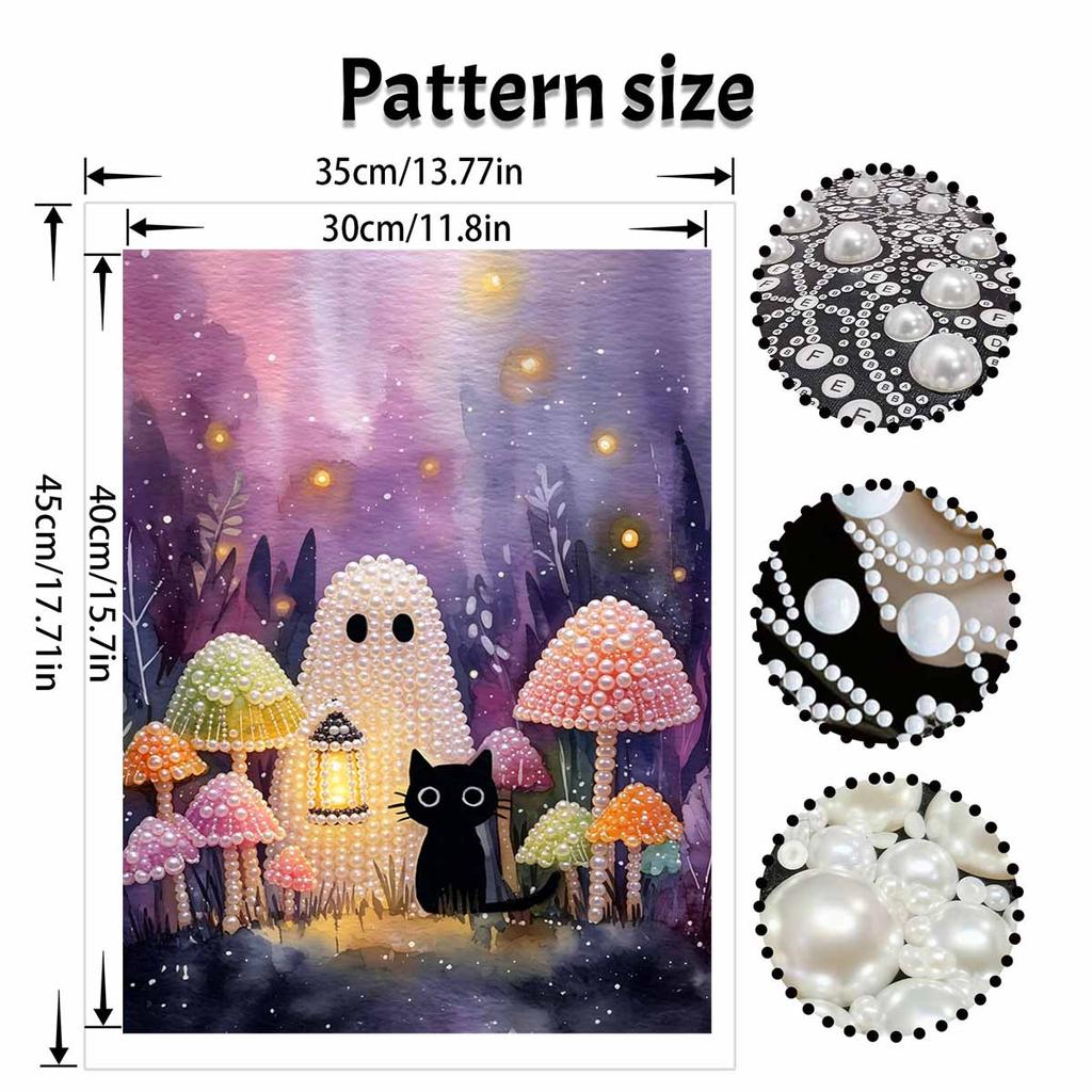 Frameless Pearl Painting Kit Black Cat Mushroom Forest Pattern DIY Shiny Bead Canvas Creative Leisure Craft Gift for Adults Decor